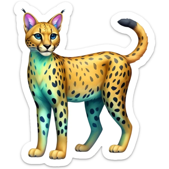 Colorful vibrant transparent iridescent luminescent ethereal fantasy-lynx-leopard-cheetah-caracal-serval-feline-hybrid-animal, full-body sticker
