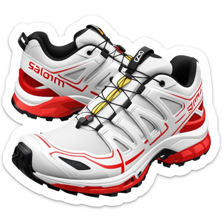Ultra simplified white Salomon XT-6 shoes with just a red colored line across the middle, one behind the other, completely white design except for the colored center line sticker