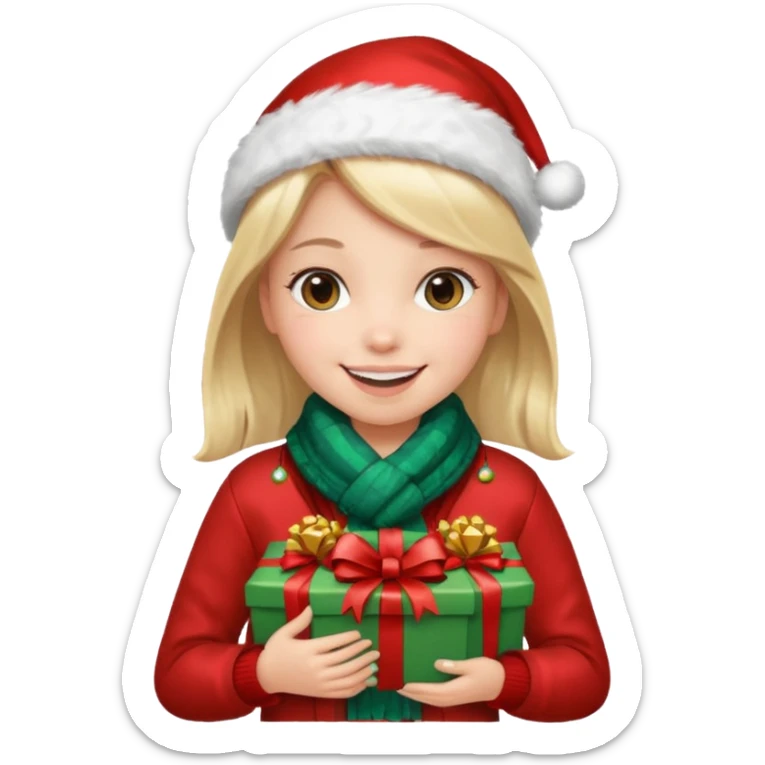 a girl wearing a chirstmas jacket and scarf and holding a christmas gift sticker