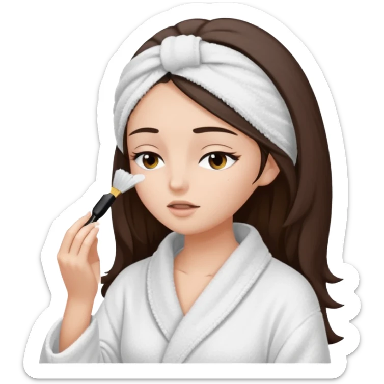 Girl with brown hair in white dressing gown and white towel wrapped in her head doing her mascara  Eyes closed white dark hair and towel wrapped differently doing mascara long hair  sticker