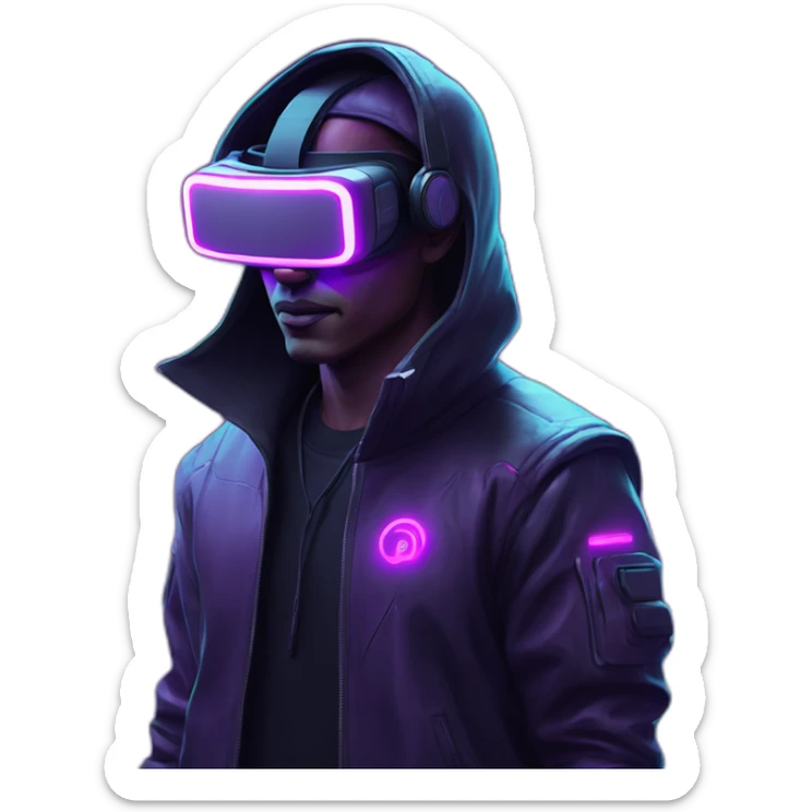 Cyberpunk style. Violet neon. man with white skin in the black hoody with violet OMG VR logo on it wearing vr headset oculus quest 2 sticker