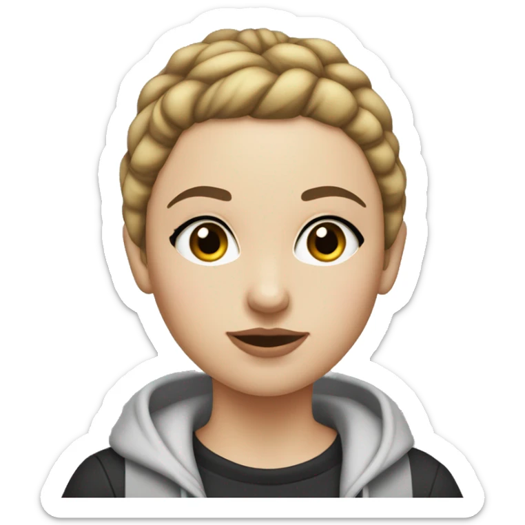 White girl wearing a hoodie with slick bun straight brown hair very thick black eyebrows wearing a Tshirt  sticker