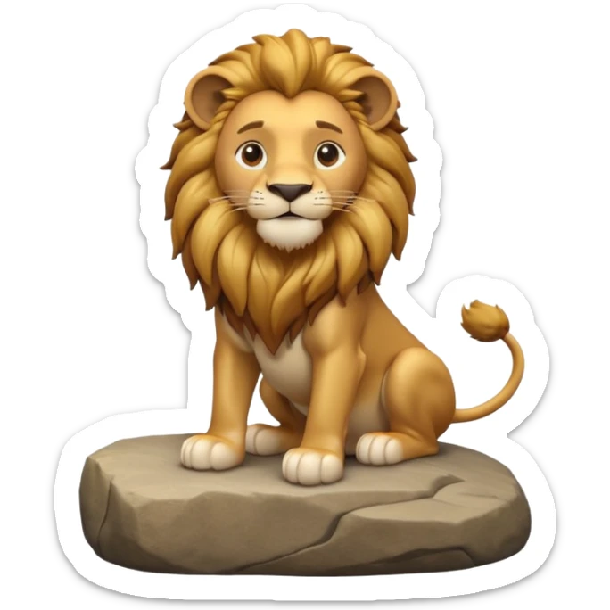 A 3D cartoon lion with a golden mane, sitting proudly on a rock, calm smile, smooth fur, bright warm sunlight, friendly but majestic look, Memoji-style. sticker
