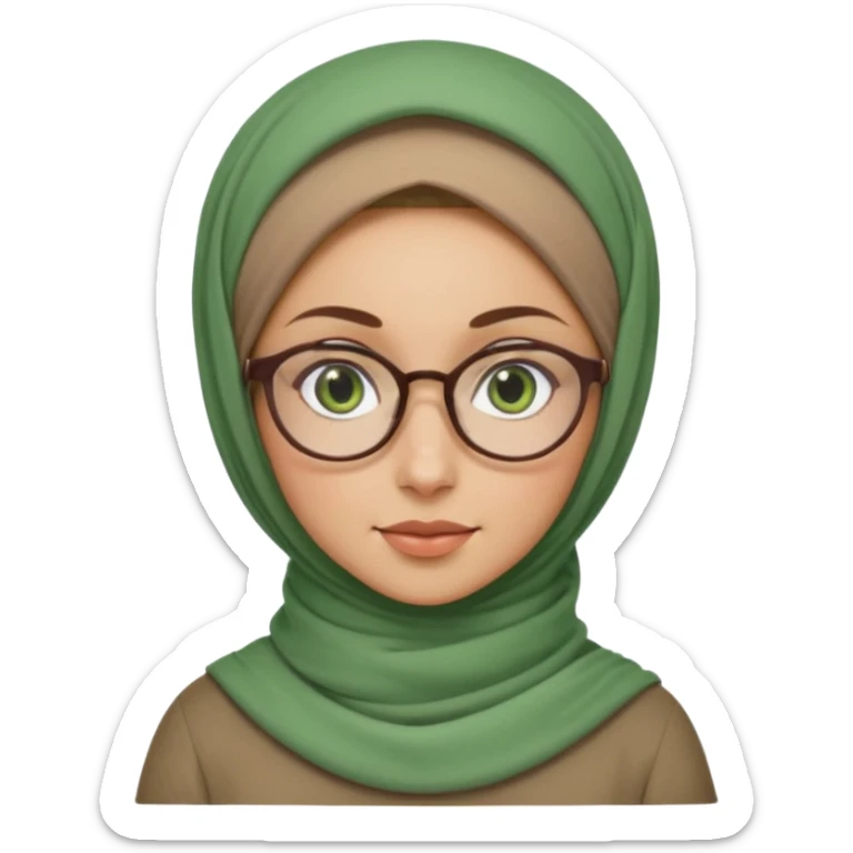 iranian woman, tight curly light brown hair in one high pony tail, glasses, green eyes, pretty, oval shape face sticker
