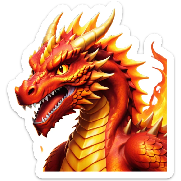 Cinematic Noble Fierce Fire Dragon Portrait Emoji, Poised and imposing, with a muscular, scaled body ablaze in fiery hues of crimson, molten orange, and molten gold, and intense, burning eyes that mirror the heart of a volcano; rendered with lifelike texture and dynamic natural highlights, high shine, formidable and intense, styled with an aura of scorching mythic power, focused and resolute, soft glowing outline, capturing the essence of a legendary inferno poised to ignite the screen with timeless ferocity! sticker