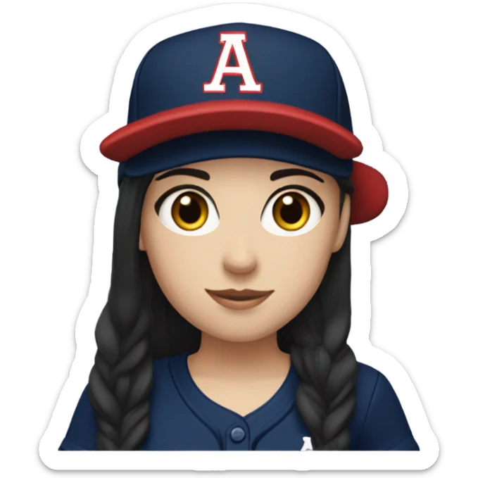A  white girl with black long hair and wearing navy ballcap emblazoned with a red G initial and wearing baseball uniform sticker