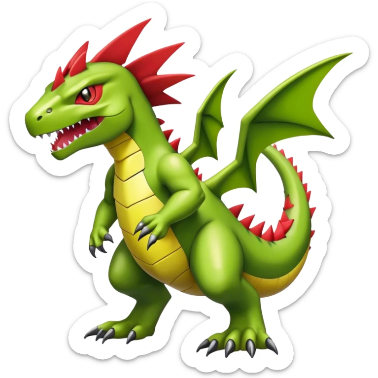 Cool edgy shiny Guilmon-Flygon-Tyranitar-Digimon-hybrid-fusion, yellow belly, full body sticker