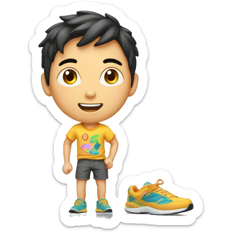 teen boy asian with short pants, shirt print with sarcasm, colorful running shoe sticker