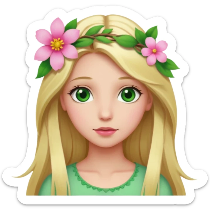 Girl profile picture with long blonde hair and green eyes and a flower in her hair sticker