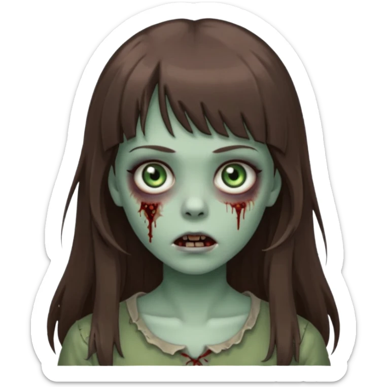 zombie girl with gray-green eyes and long brown hair with bangs sticker