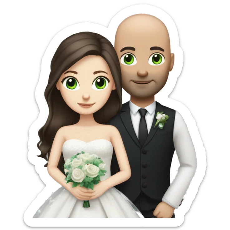 white girl with green eyes and long dark brown hair in wedding dress with bald husband with blue eyes sticker