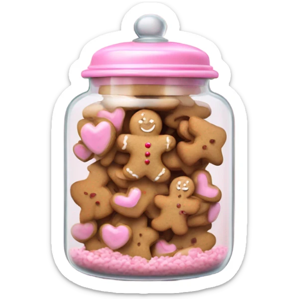 Realistic glass cookie jar with light pink lid full of gingerbread cookies isolated.  sticker