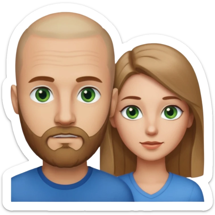 Man on left with shaved head with dark blonde beard and blue eyes and woman on the right with long brown hair green eyes  sticker