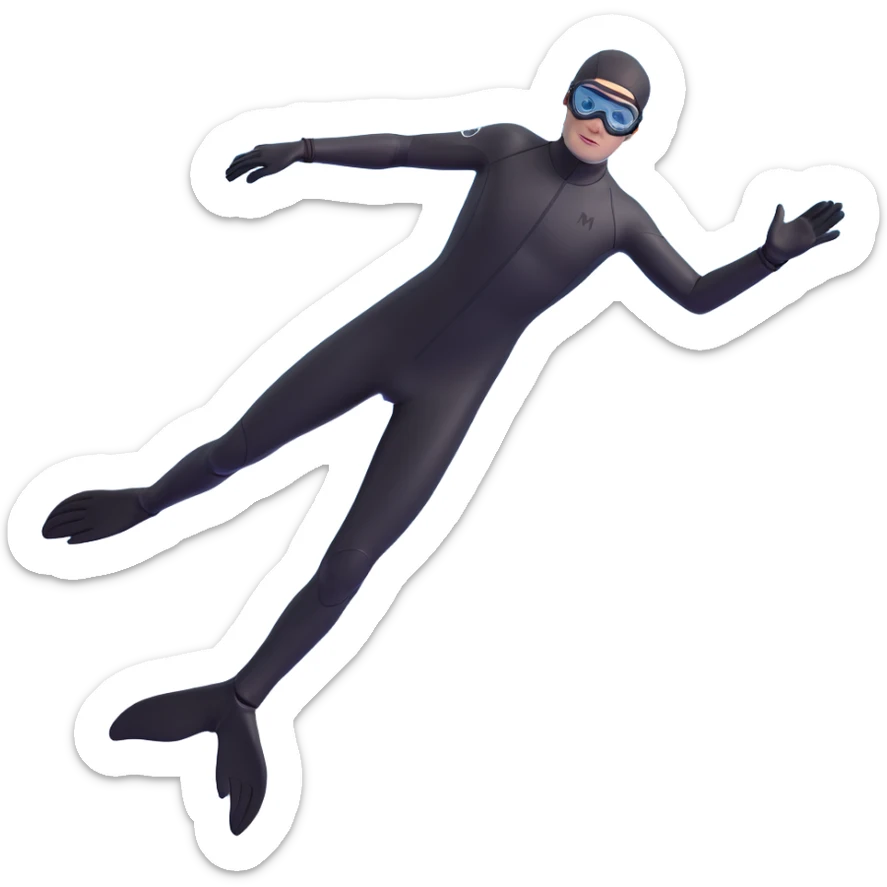 3D emoji style freediver in a black wetsuit, descending posture, seen from behind, with long black fins, black gloves, and black goggles, arms at sides, five fingers on each hand, no face details, black or deep sea background sticker