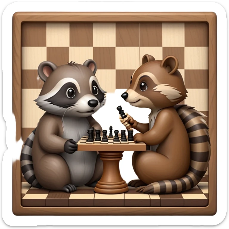 A detailed emoji of a beaver and a raccoon sitting at a chessboard, intensely focused on the game. The beaver has a thoughtful expression, holding a chess piece, while the raccoon looks mischievous, ready to make a move. The chessboard is small but c sticker