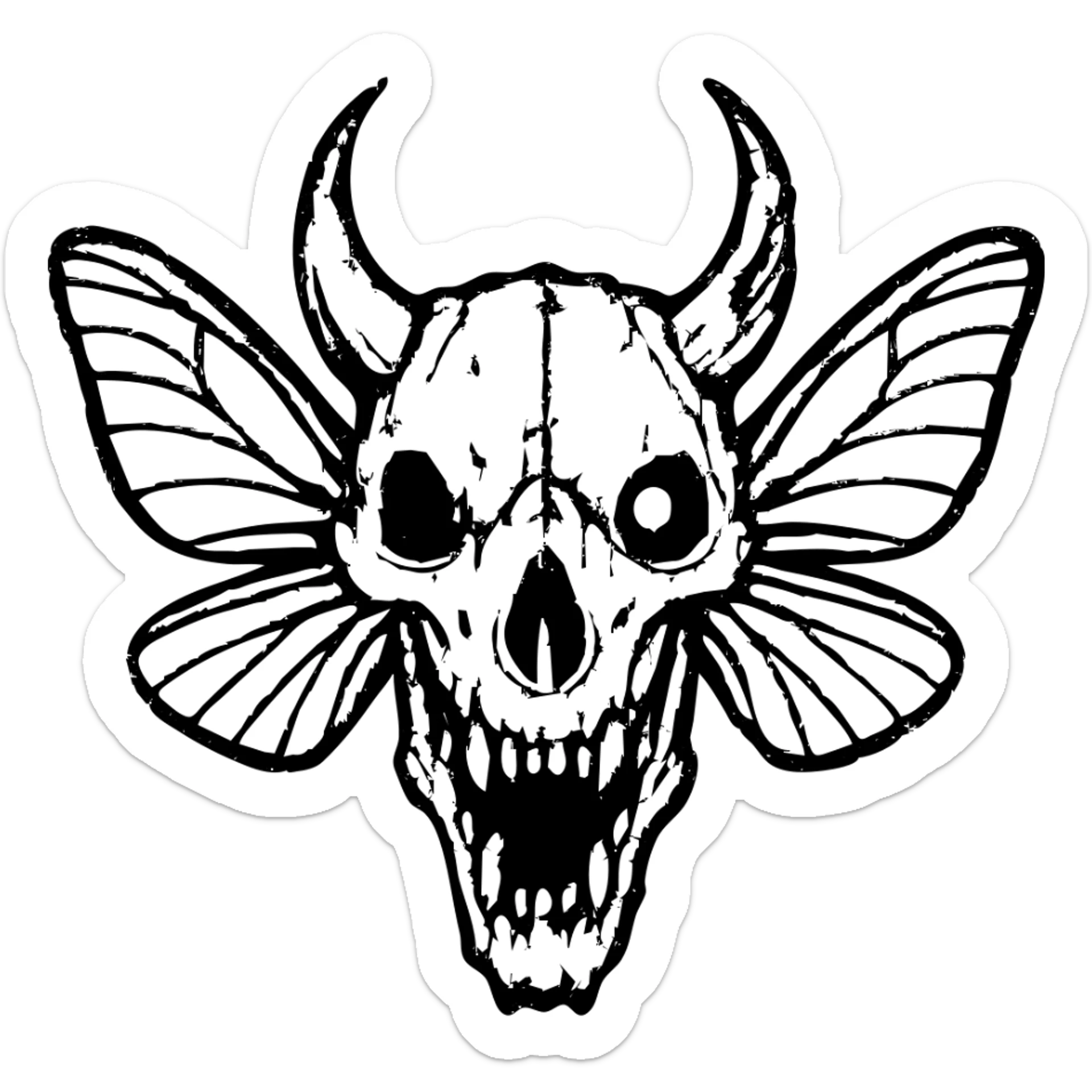 detailed red line art of nightmarish minotaur-stoat hybrid skull with broken horn and glowing eye, with moth wings, featuring mostly empty transparent center with detailed elements concentrated around the edges, heavily weathered perimeter with deliberate damage, hollow middle, twisted features, 100% red sticker