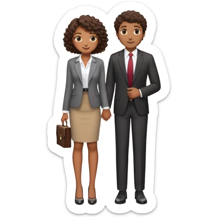 gostaria que você fizesse um casal no estilo emoji ios 18 stickers, uma menina negra, a menina está com um sorriso de boca fechada, ela tem o cabelo cacheado e curto na medida do ombro, o tom de pele dela é marrom médio, roupa de escritório, gostaria que fosse um emoji de corpo todo e ela estivesse usando uma saia até o joelho e salto alto, com aspecto que trabalha no RH de uma grande e  o homem ao lado dela, de mãos dadas, ele tem o tom de pele bronzeado, é mais alto que ela, ele usa roupa social e gostaria que ele tivesse um aspecto de advogado, o cabelo dele é liso castanho escuro, ele está com um sorriso fechado sticker