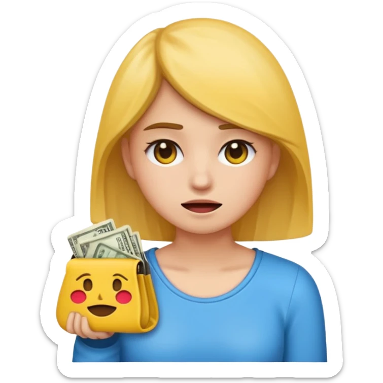 Emoji de una chica joven mostrando que no tiene dinero, sosteniendo una billetera vacía, expresión preocupada o triste, estilo emoji moderno y minimalista, colores planos, líneas limpias, fondo transparente. sticker