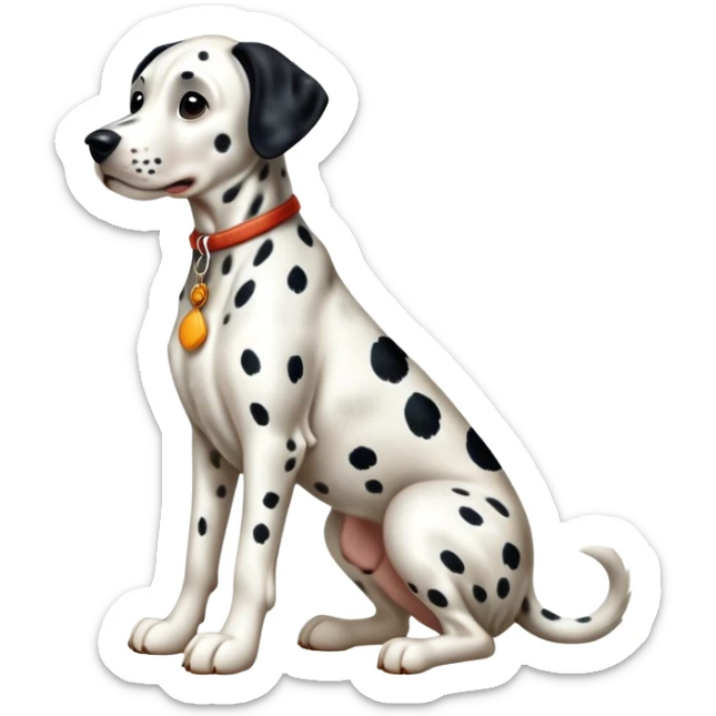 cinematic-[dalmatian dog]-realistic-full-body-sitting-emoji,-tail-resting-loosely-beside-its-paws,-head-tilted-dramatically,-sleek-[spotted]-fur,-simplified-yet-realistic-focused-features,-highly-detailed,-glowing-with-an-almost-sarcastic-glow sticker