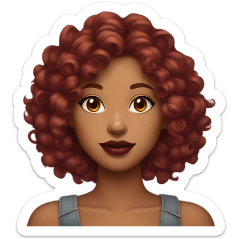 Emoji girl with honey tone skin with burgundy curly hair and big lips with lip liner and almond eyes sticker