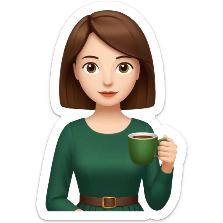 Woman with Braun bob hair, dark green dress a cup of coffee saying “Das ist doch Sonnenklar“ - Kerstin Baum sticker