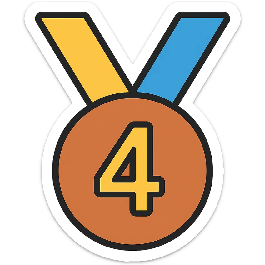Add gold, bronze, and blue colors to the circular medal for 4th place, keep the number 4 visible, icon style, no background. sticker
