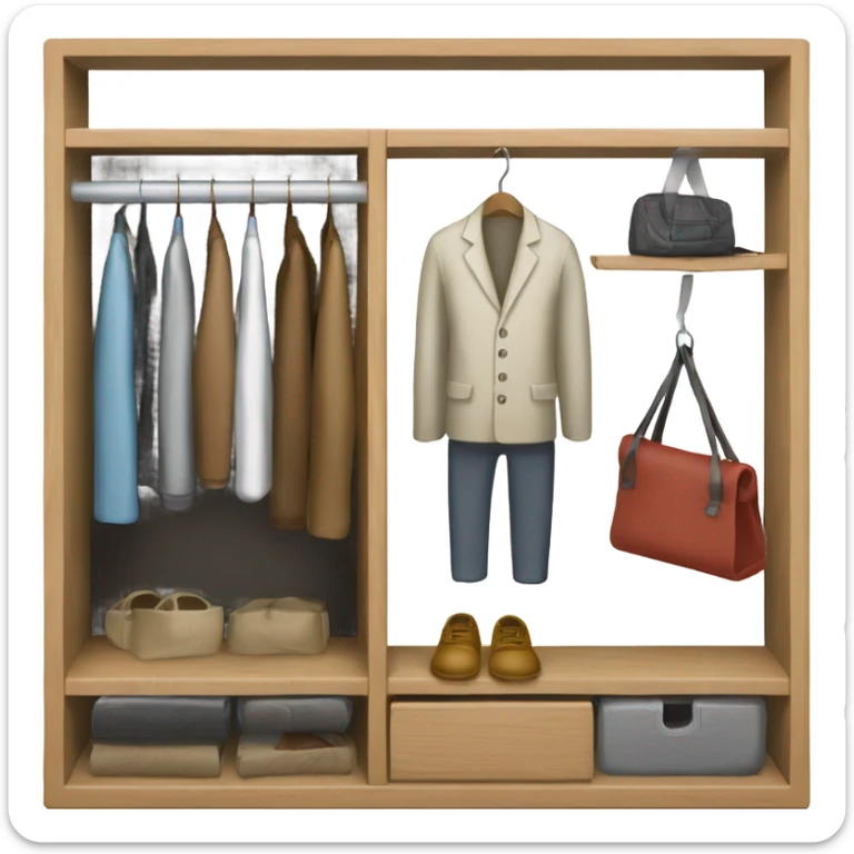 Design an emoji-style icon of an open wardrobe with clothes hanging inside. Include details like a wooden frame, hangers, and only black or white different clothing items such as shirts or any other clothing . Use a clean and minimalistic design. sticker