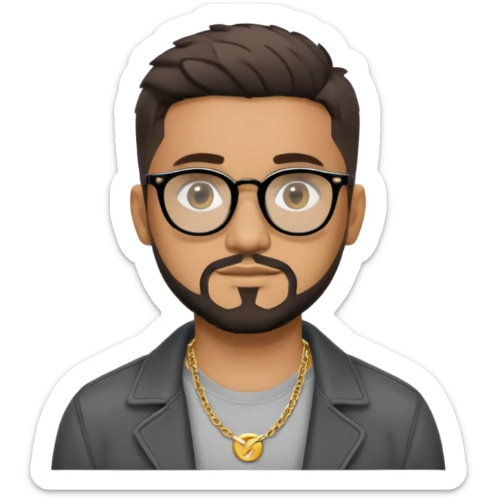 Hombre latino piel marron claro, cara estirada ovalada, gafas redondas oscuras, barba corta, pelo muy corto fade a los lados medio risado. Sonrisa leve, expresión tranquila. Camiseta gris, jacket negro abierto, collar G dorado sticker