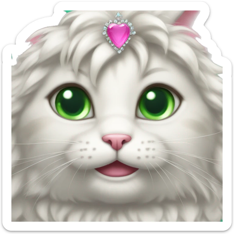 fluffy cat with green eyes in a princess dress and a pink tiara sticker