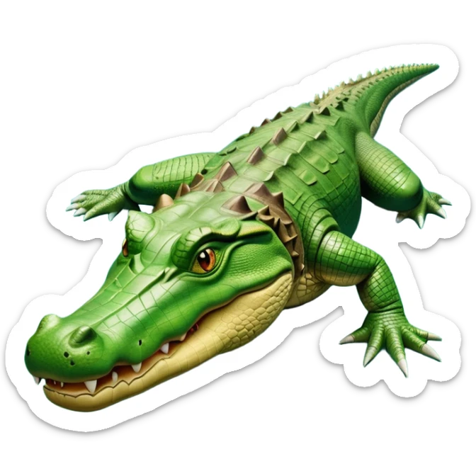 cinematic-crocodile-realistic-full-body-on all fours-emoji,-massive-scaled-body-partially-submerged-in-shallow-water,-head-tilted-dramatically,-rough-green-and-brown-hide-textured-with-deep-ridges,-simplified-yet-realistic-focused-features, head held high sticker