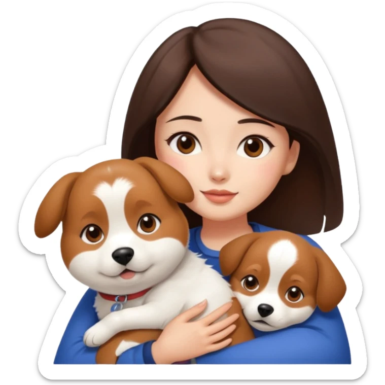 a beautiful woman with medium length dark brown hair and brown eyes, a bit chubby, hugs a beagle and japanese spitz dog  sticker