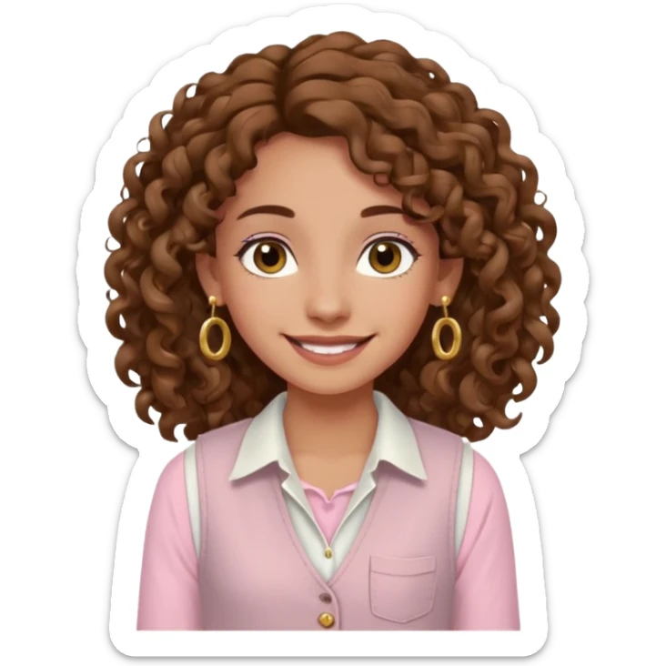 chica un poco morena (no demasiado), pelo rizado largo, sonriendo, con ojos grandes y marrones con camisa rosa palo y un chaleco blanco y aretes dorados en forma de circulo en sus orejas  sticker