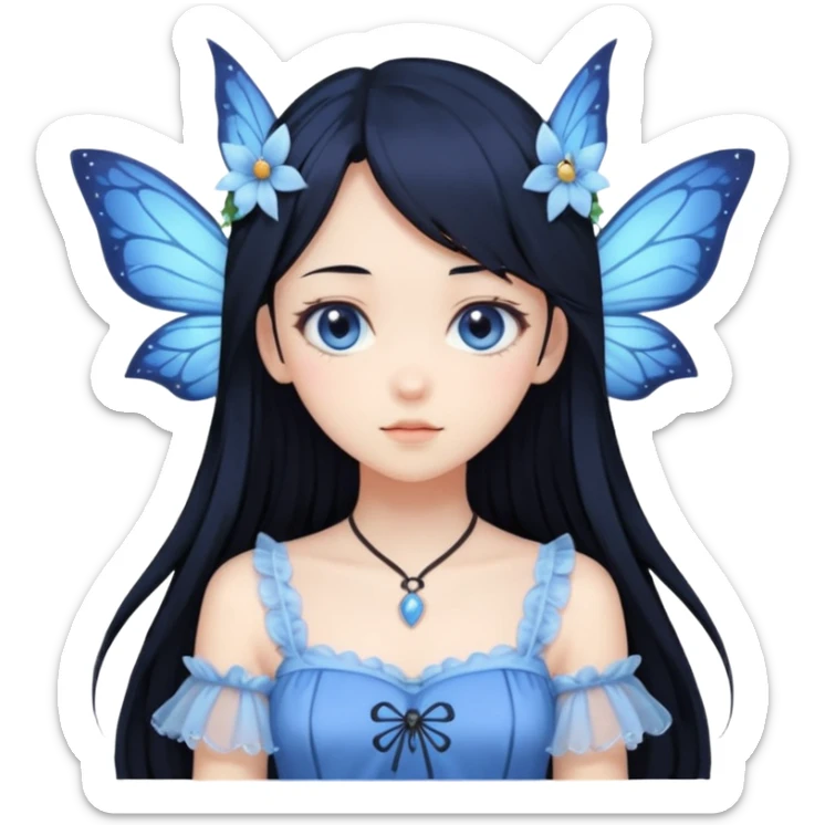 Gothic anime fairy with long beautiful black hair and blue dress, pastelcore, sticker