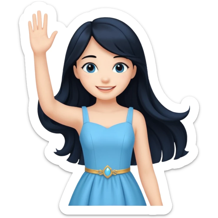 Cewe Romantis Kulit putih glowing, rambut hitam panjang. Pakai empire dress biru pastel terang senyum lembut sambil lihat ke samping. tangannya nyapa sticker