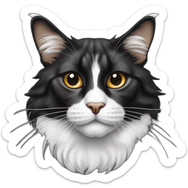 Main coon noir avec ventre blanc et une tache blanche sur le nez qui donne la pate sticker