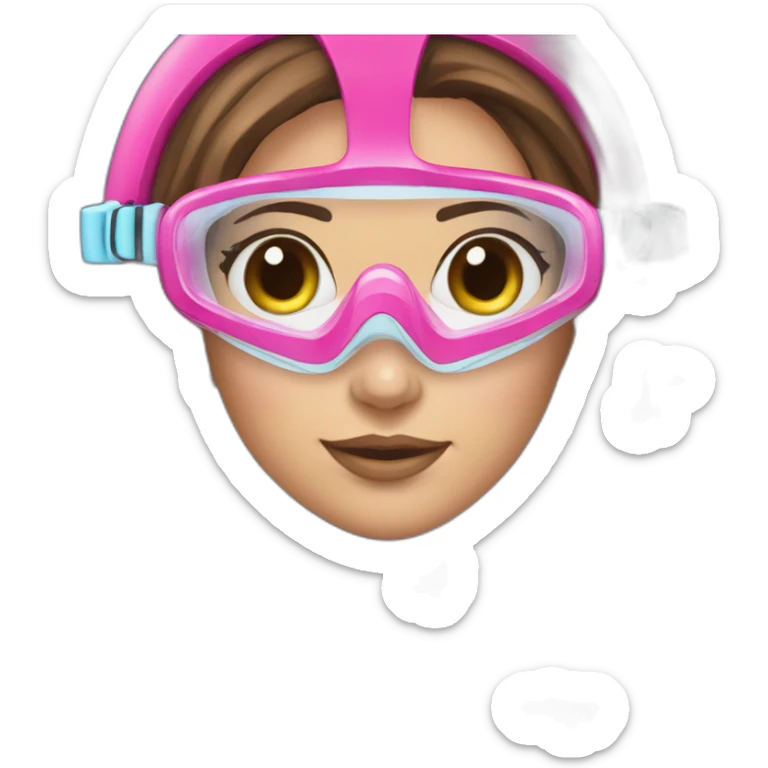 woman large and straight brown hair, pink diving mask with a single crystal-blue eyes. underwatersnorkel sticker