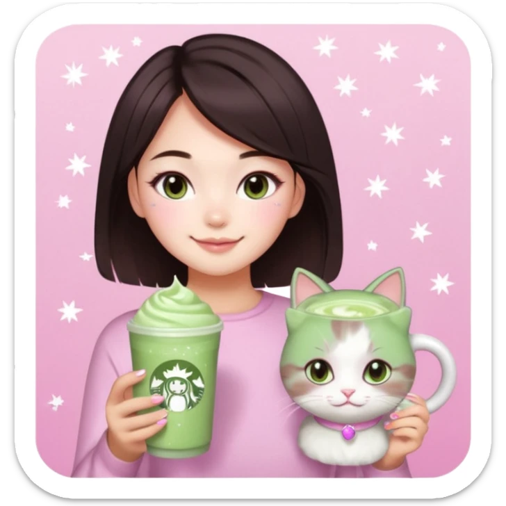 asian girl with short dark brown hair with a soft girl pink glowup aesthetic. matcha latte sparkles girly things, 2 ragdoll cats, skincare, makeup, money, luxury sticker