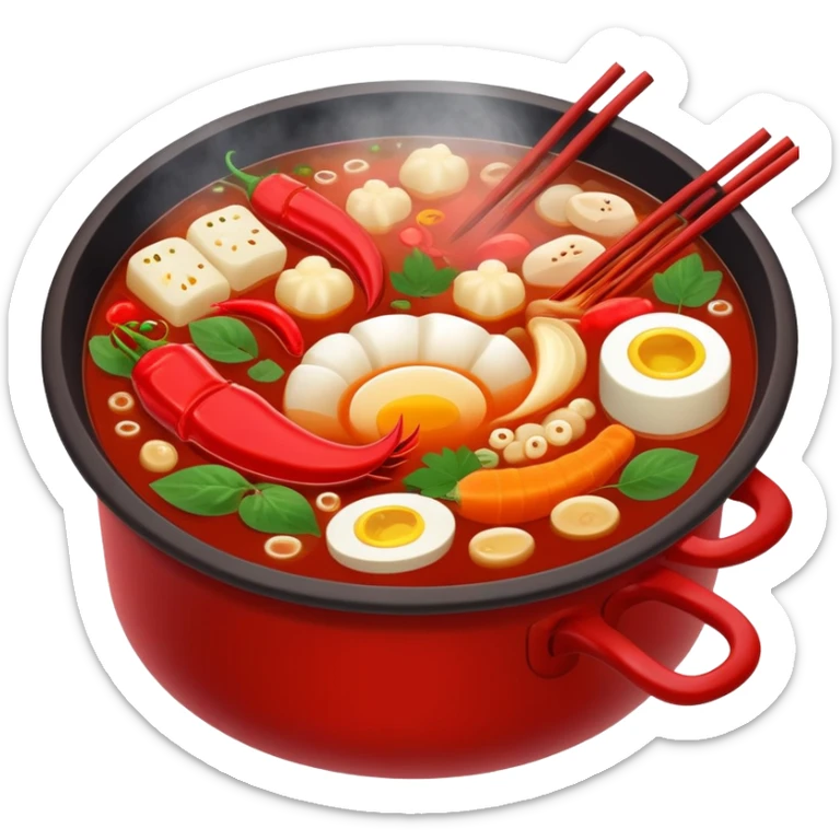 Chinese hot pot, bubbling red spicy broth with variety of ingredients, emoji style sticker