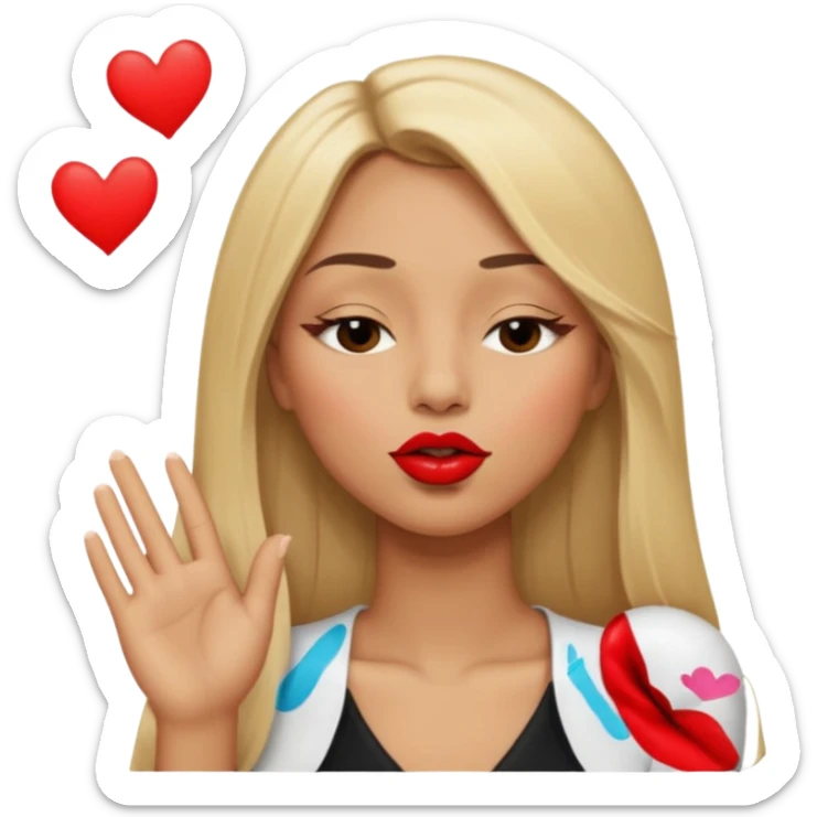Mujer color de piel moreno claro, con cabello rubio largo, lacio y suelto, ojos negros, un ojo cerrado, mandando un beso de lado  sticker