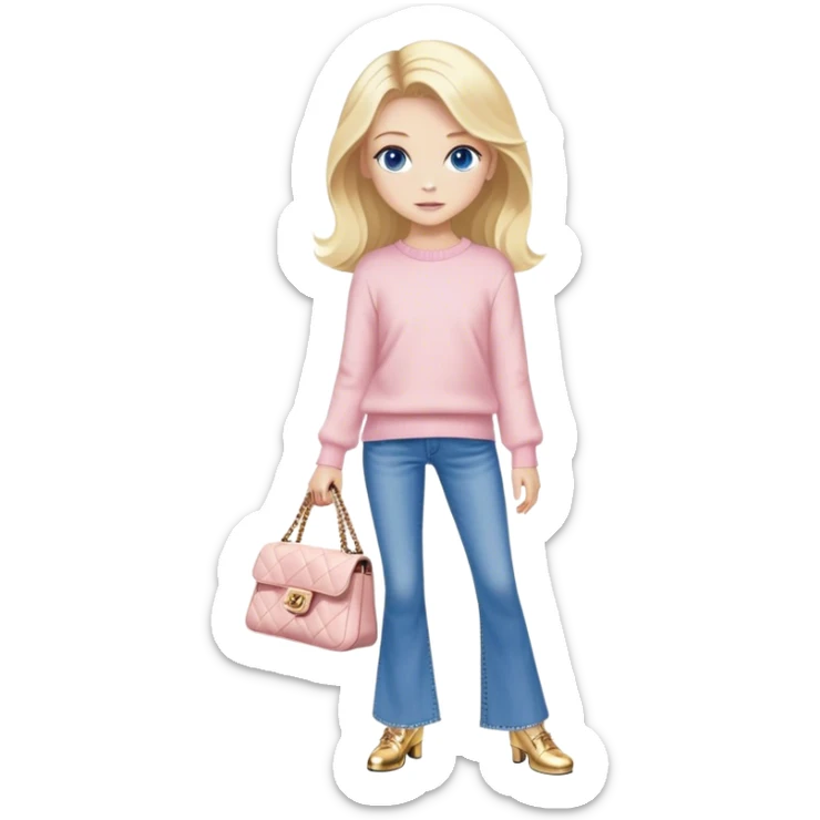 A blonde girl with blue eyes and a blow out as the hairstyle. She is standing with a white Chanel bag and wears flared Jeans and a light pink pullover. For shoes she wears golden goose. sticker