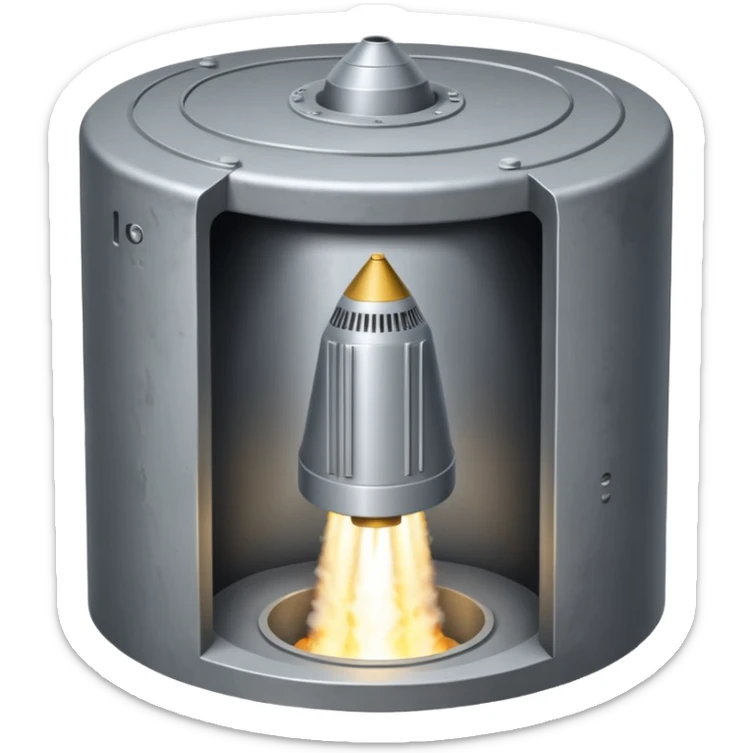 grey missile silo hatch open, and the top two thirds of a white nuclear missile launching out of the silo is shown sticker