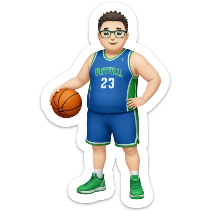 Full Body overweight white male with dark short spike hair basketball player wearing glasses wearing blue green uniform smiling sticker