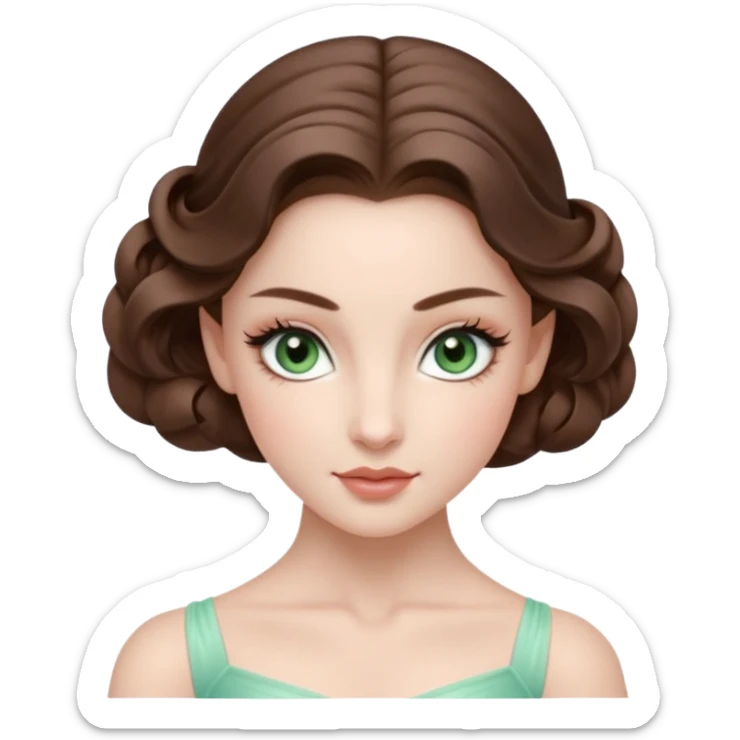 Cinema Realistic Ballerina Portrait, with porcelain-like skin featuring a natural rosy flush, illuminated by soft lighting that highlights the gentle contours of her face. Her Brunette hair flows in soft.Her deep green light eyes radiate framed by arched brows and long lashes. sticker