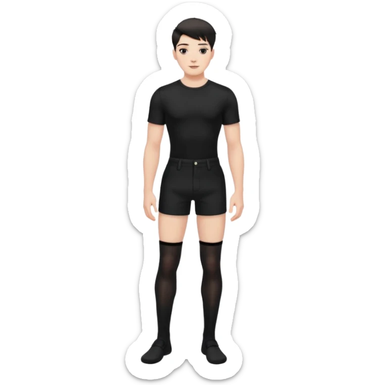 Male in his 20s, clean shaven, feminine look, wearing black thigh highs, black crops, black feminine shorts, is a femboy.   sticker