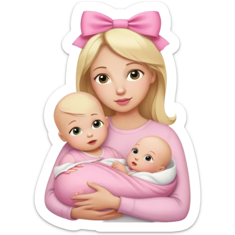Blonde long hair mom with bald newborn baby girl with pink bow sticker
