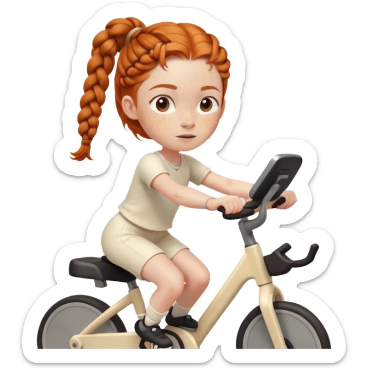 Ginger girl freckles braids riding stationary bike cream outfit sticker