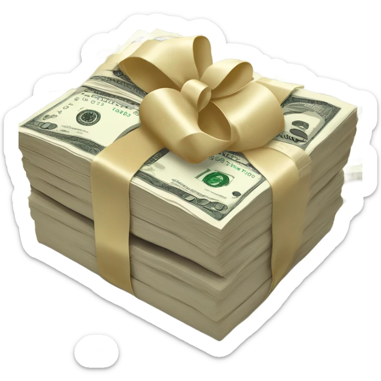 A neatly stacked pile of $100 bills cash tied with a cream-colored ribbon, labeled “UGC.” sticker