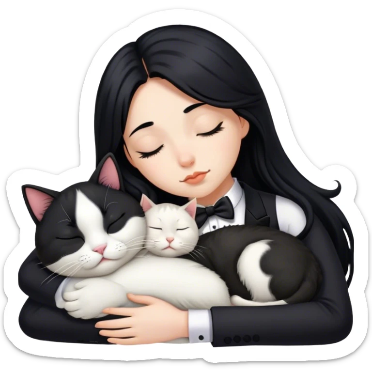 One beautiful long Black hair girl sleeping next to a tuxedo cat sticker