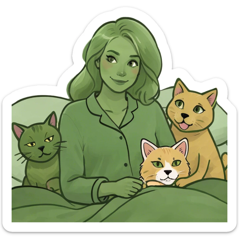 Blonde woman in bed with two cats and a golden retriever sticker