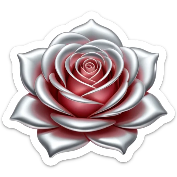 A rose emoji made of liquid silver metal, smooth metallic petals, reflective chrome surface, soft gradients, elegant shape, minimalistic iOS emoji style, centered, clean white background, realistic highlights, no text sticker